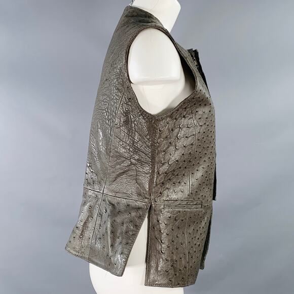 NAKARA Size M Grey Ostrich Leather Zip Up Vest - Picture 3 of 6